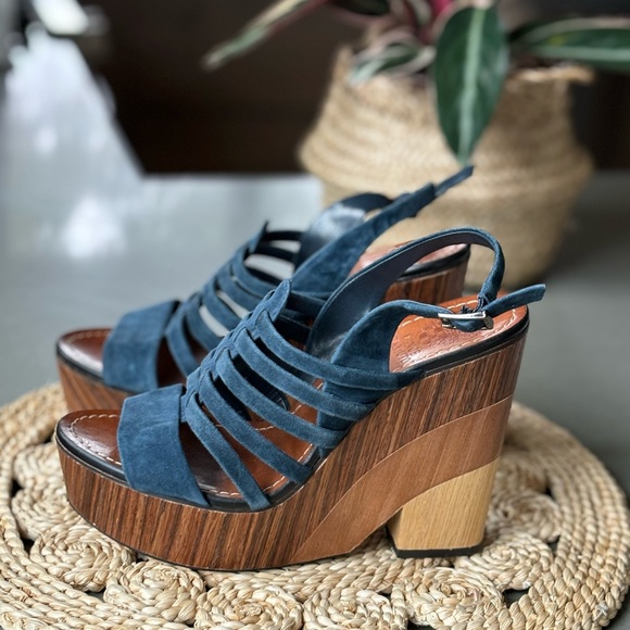 Vince Camuto Onia Slingback Gradient Wood Blue Suede Platform Wedge Sandals - Picture 8 of 8